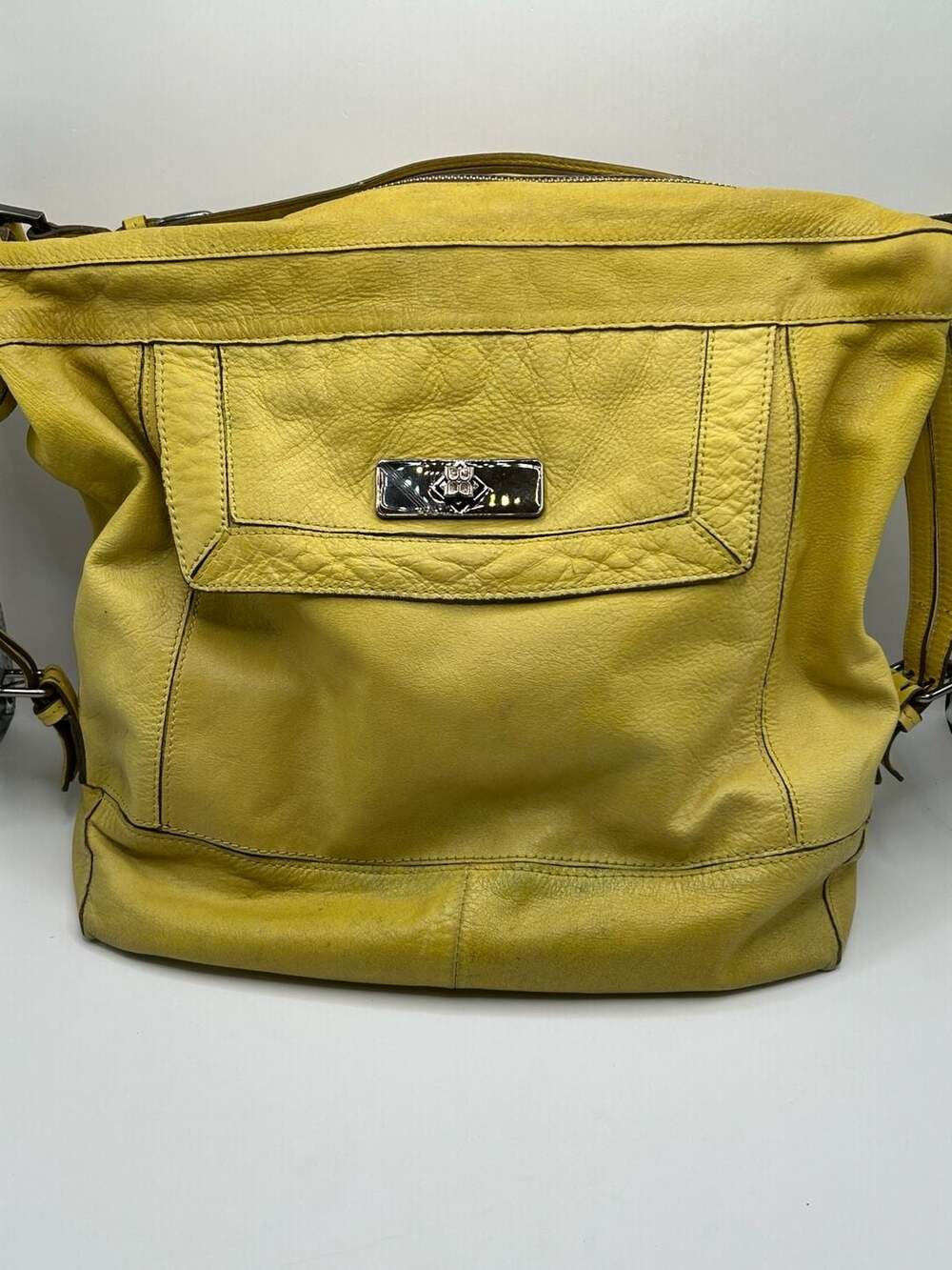 BCBGMAXAZRIA Yellow Leather Hobo Shoulder Bag with Metal Accent